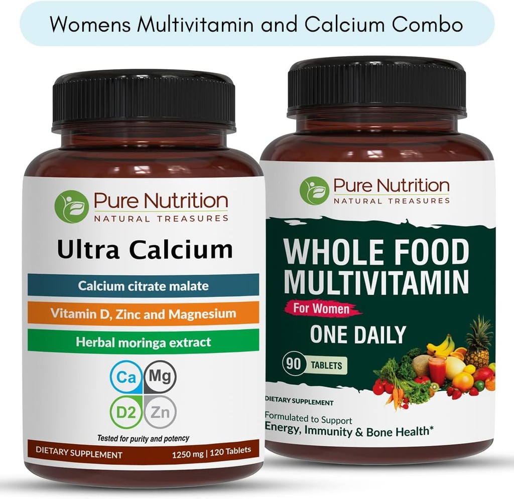 תזונה טהורה Ultra Calcium 1000 מ"ג ו- Whole Foods Womens Multivitamins 1500 מ"ג עבור עצמות בריאות, מפרקים ובריאות כללית. Ultra Calcium 120 Tabs + נשים Multivitamins 90 Tabs.