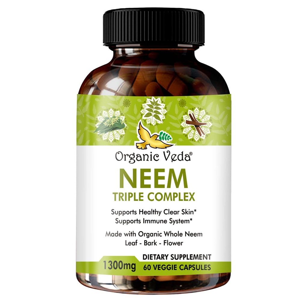 אורגני Veda Neem קפסולות עם פלט משולש מורכב Neem Leaf, Bark & Flower - תוסף צמחי Boosts Immunity, משפר את העיכול, בריאות העור ותמיכה ניקוי - 60 הרוזן