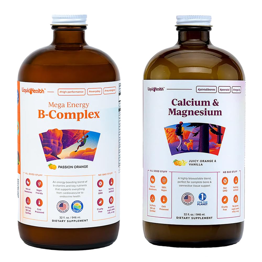 LIQUIDHEALTH Mega Energy B-Complex & Calcium ו- Magnesium נוזל ויטמין Bundle למבוגרים - להגדיל את רמת האנרגיה הטבעית, תמיכה בעצמות ובריאות משותפת, Boost Immune System - טבעוני, non-GMO, ארצות הברית Made Made