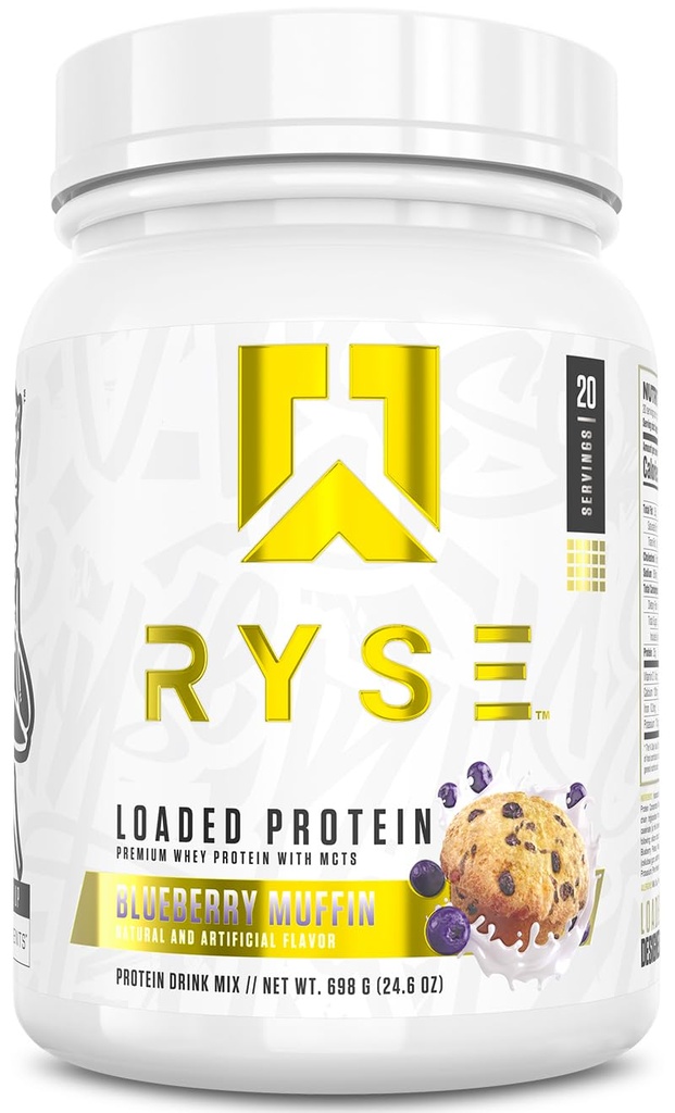אבקת חלבון עמוסה - Blueberry Muffin - 25g Whey חלבון Isolate & Concentrate with Prebiotic סיבים & MCTs - Low Carb, Low Sugar, Low Sugar, Digestive-Friendly - 20 lb Tub