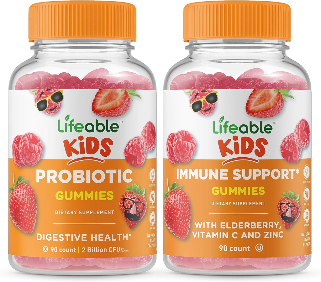 Probiotic 2 מיליארד CFU Kids + Immune Support Kids, Gummies Bundle - Great Tasting, ויטמין תוסף, Gluten Free, GMO חינם, Chewable Gummy