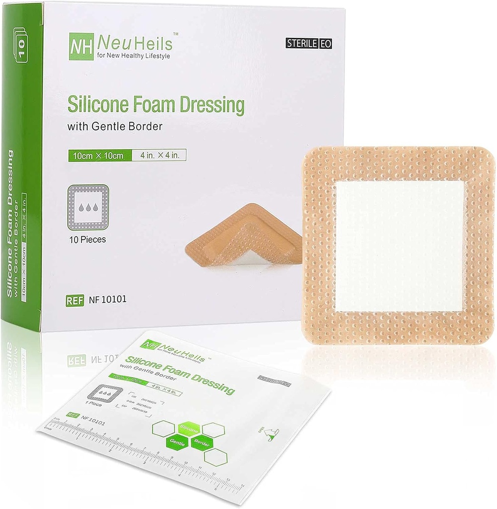 NeuHeils Silicone Adhesive Foam Dressing with Gentle Border 4'x4' for Bed Sore Leg Ulcer 10 Pack, High Absorbency Waterified Silicone Wound Bandage