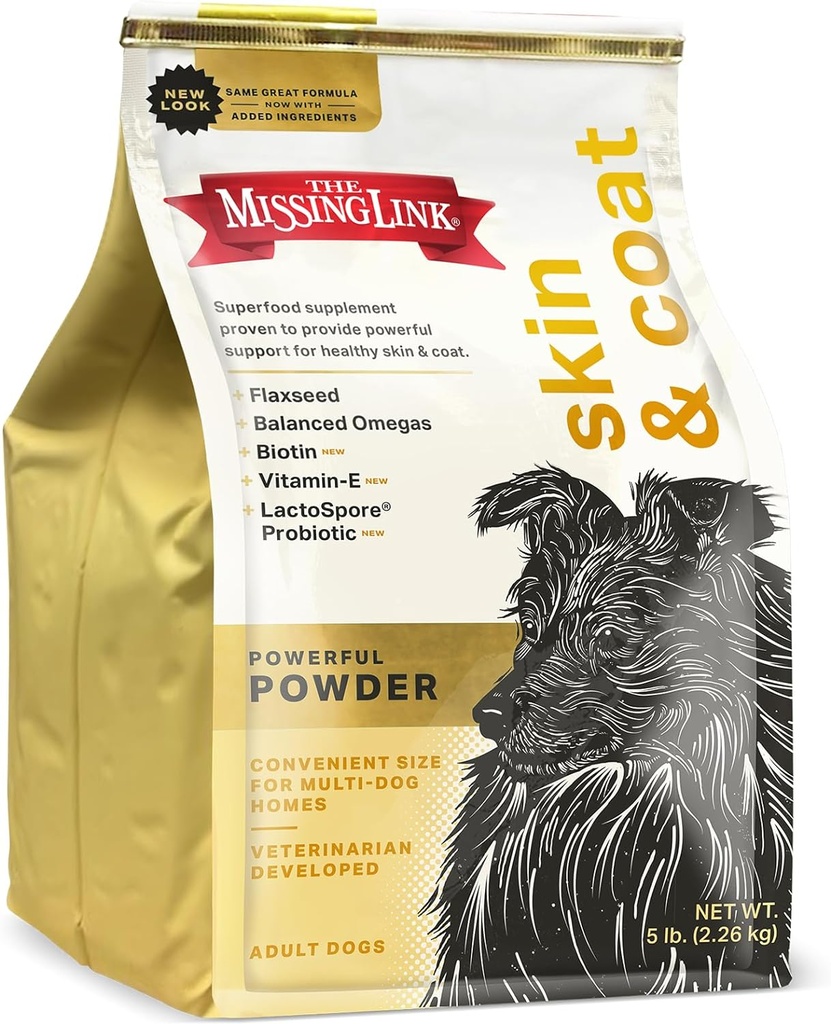 The Missing Link Skin & Coat + Probiotics תוספת של 5lb Bag - אבקת Superfood עבור כלבים תומך עור בריא Glossy Stick, מקדם צמיחת שיער