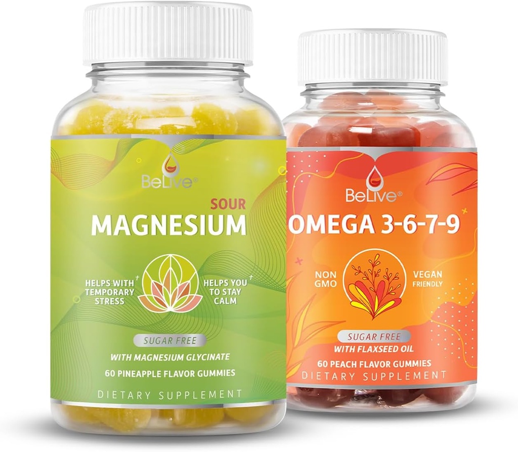 BeLive Magnesium GLycinate & אומגה 3-6-7-9 Bundle להרגעה, שינה, המוח, הלב והמערכת תמיכה
