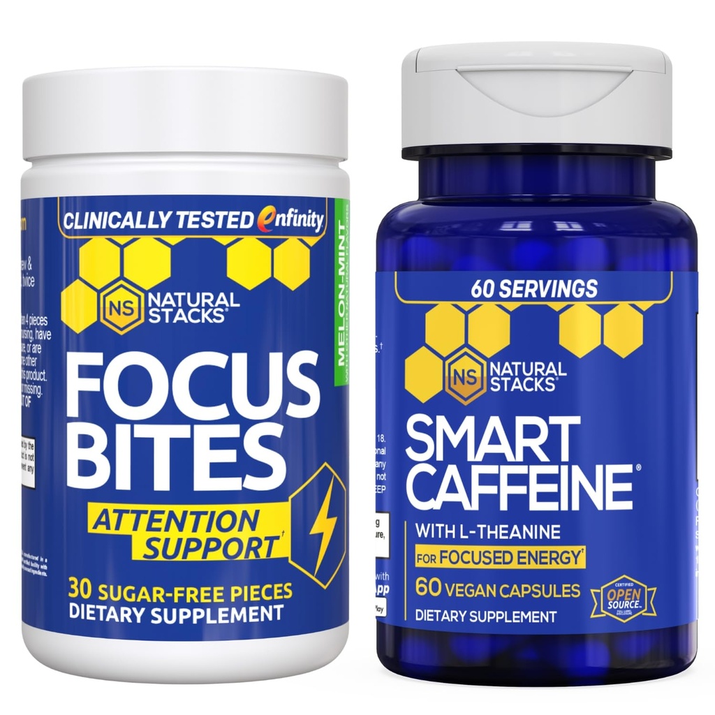 NATURAL STACKS Smart Caffeine + Focus Bites Bundle - Caffeine & Paraxanthine תוספי - תמיכה אנרגיה & Focus * - No Jitters or Crash - 90 Pieces