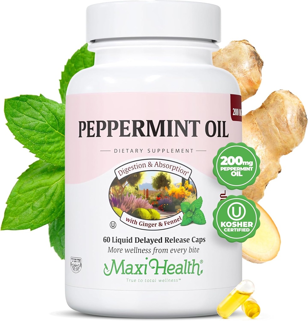 Maxi Health Peppermint שמן קפסולות - אורגני ג'ינג'ר שמן וחונל נדחה קפסולת שחרור - תוספת מזון תזונתית גמישה פפרמיניט לתמיכה מזיקה (60 קפסולות)