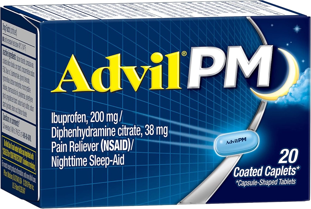 עו"ד (20 Count) Pain Reliever / Night Sleep Aid Coated Caplet, 200mg Ibuprofen, 38mg Diphenhydramine