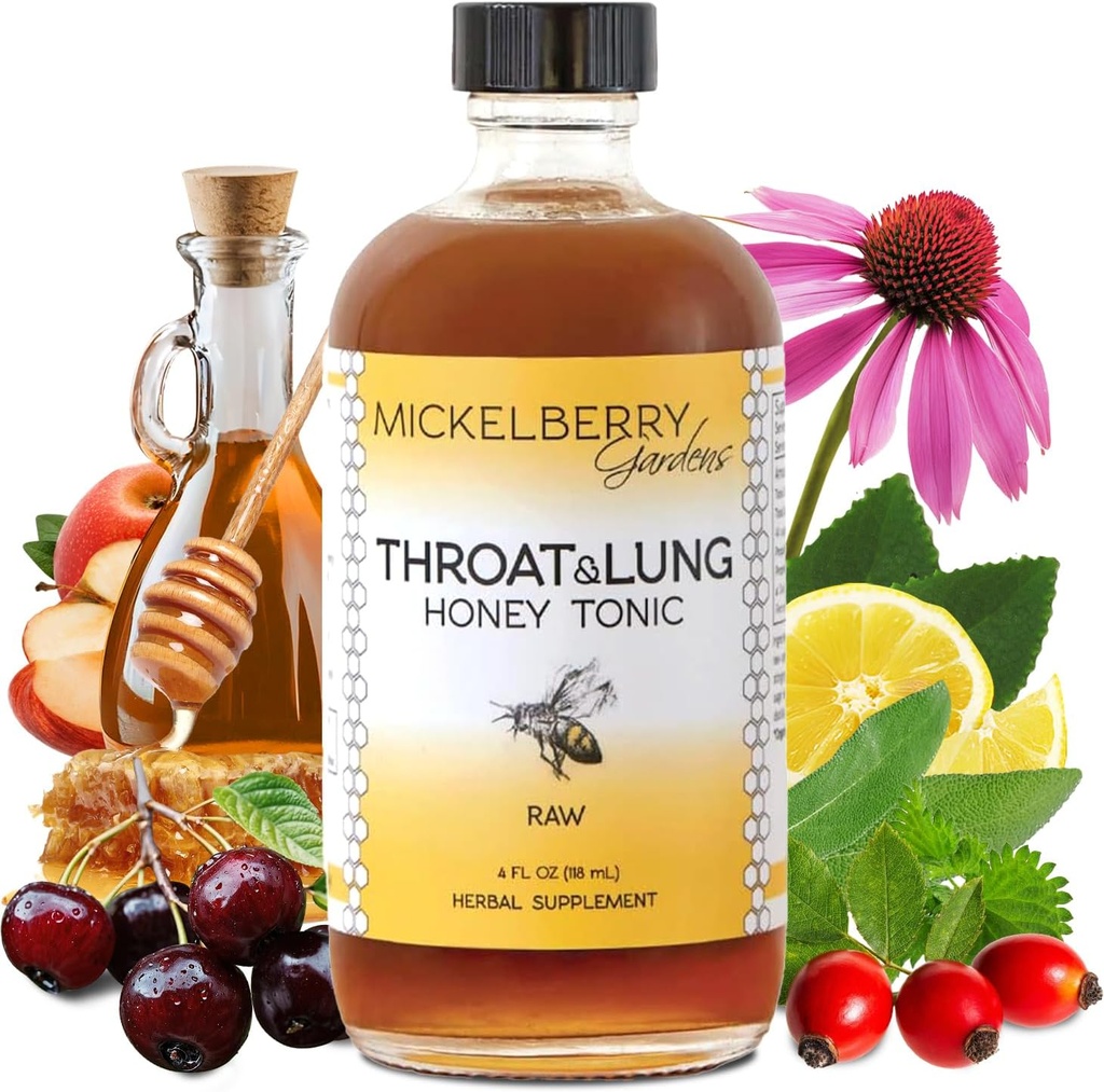 מיקוברי Gardens גרון & Lung Honey Tonic: Wellness Syrup, Natural Sore גרון הקלה, Immune Support & Cough Suppressant for Adults & Kids (4 oz)