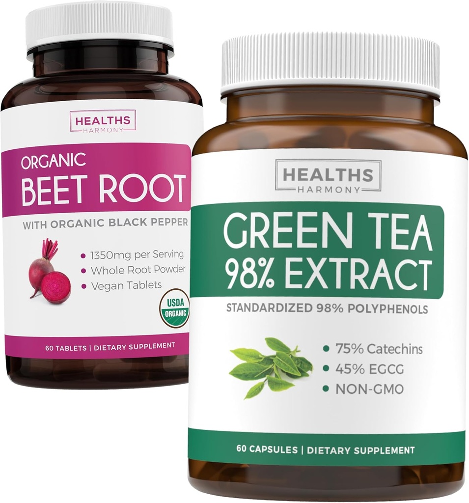 Beet Root & Green Tea לחלץ (1-Month אספקת) Detox Power Duo - אורגני Beet Root עם Black Pepper עבור Absorption 1250mg (60 טבליות) & Green Tea לחלץ 98% עם EGCG 1000 מ"ג לשרת (60 כובעים)
