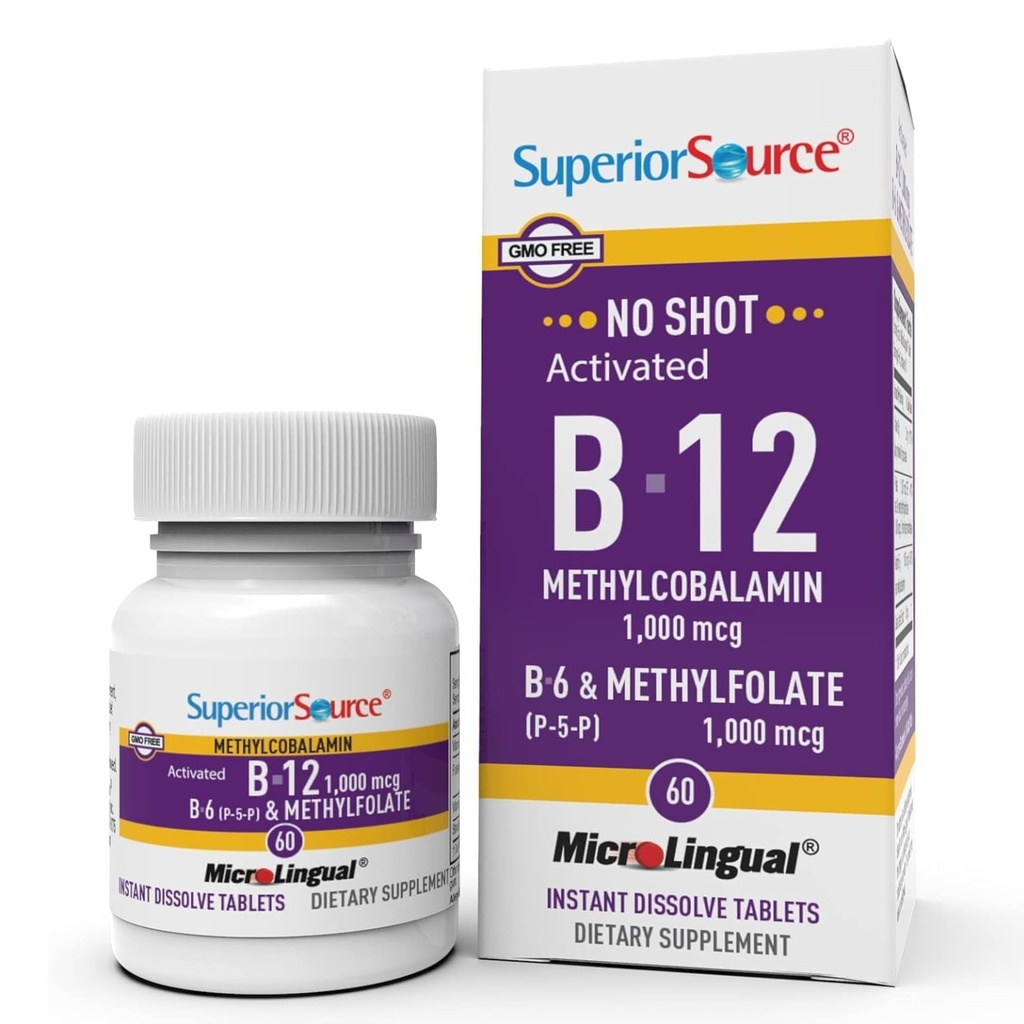 מקור גבוה No Shot ויטמין B-12 Methylcobalamin 1000 mcg, B-6, & Methylfolate 1000 mcg - תמיכה אנרגיה, מוח ובריאות הלב - Bariatric Friendly - 60 Sublingual Disshoot Tablets