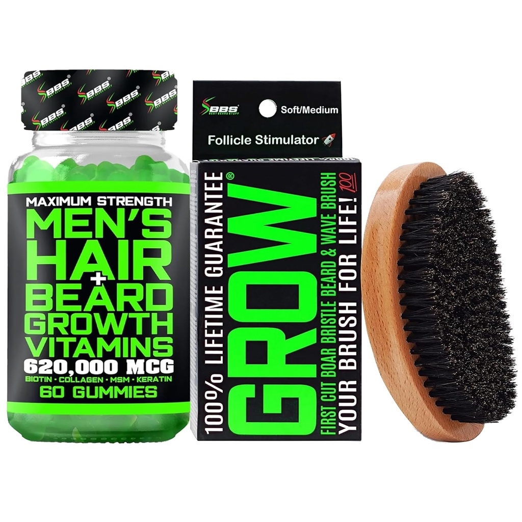 ערכת הצמיחה של B / 620,000mcg 14-in-1 BIOTINmies / Beard Growth ויטמינים & שיער צמיחה ויטמינים לגברים + 100% לכל החיים החלפת ראשון לחתוך Brush & 360 גל Brush עבור Men