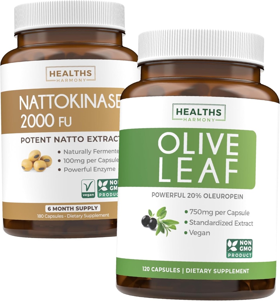 Nattokinase & אוליב Leaf (6-Month Supply) Flow & Wellness Mix - Nattokinase 2000 FU Powerful באופן טבעי פורה Soybeans (6-Month Supply) & אוליב מסך Super Power עם 20% Oleuropein