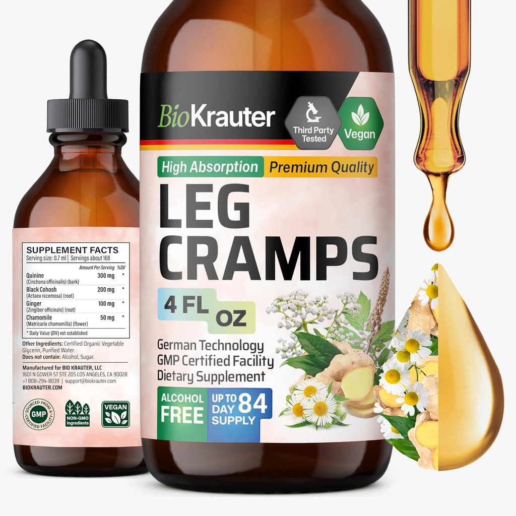 BIO KRAUTER Leg Cramps Tincture with Quinine - ג'ינג'ר וצ'מומיל שואבות נוזלים עבור Cramps - Natural Alcohol & Sugar Free Formula - טבעוני טיפות 4 Fl.Oz.