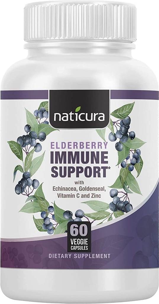 Elderberry Immune תמיכה - תוספת יומית לגברים ונשים - ויטמין C, Zinc, Goldenseal, Echinacea ו- Elderberry - 60 קפסולות, 5-in-1 עם Prebiotics ו Probiotics - Made בארה"ב