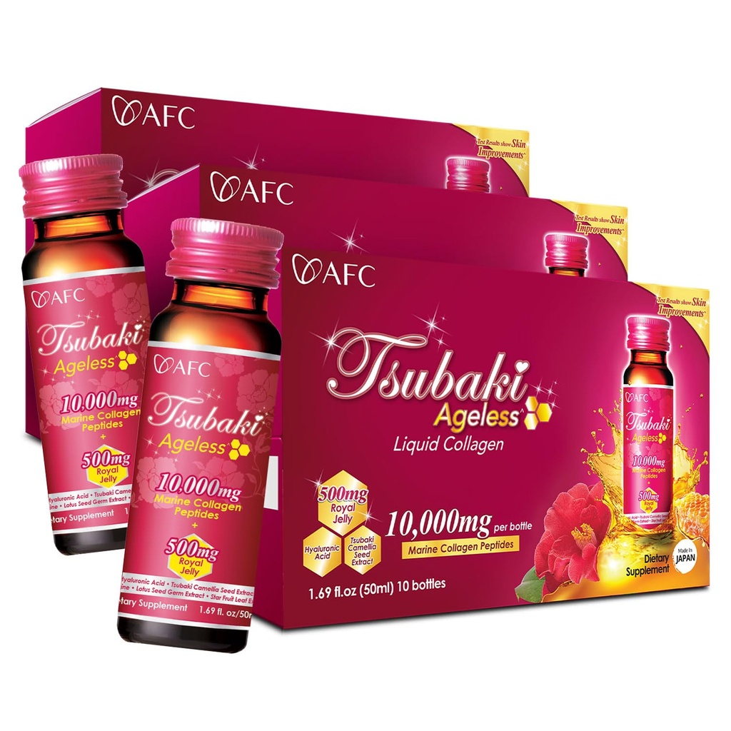 AFC יפן Tsubaki Ageless Beauty Collagen לשתות מיפן עם 10,000 מ"ג Marine Collagen Peptides + 500 מ"ג רויאל ג'ולי + Hyaluronic Acid + ויטמין Bs & C עבור העור Revitalization 1.69oz10sx3x3x3x3x3x3x3x