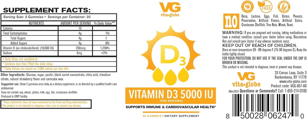 VITA GLOBE ויטמין D3 10,000IU 250mcg עם Zinc ו Echinacea Gummy - תומך מערכת החיסון בריאה, עצמות חזקות, שיניים ושרירים, 120 הרוזן (Pack of 2)