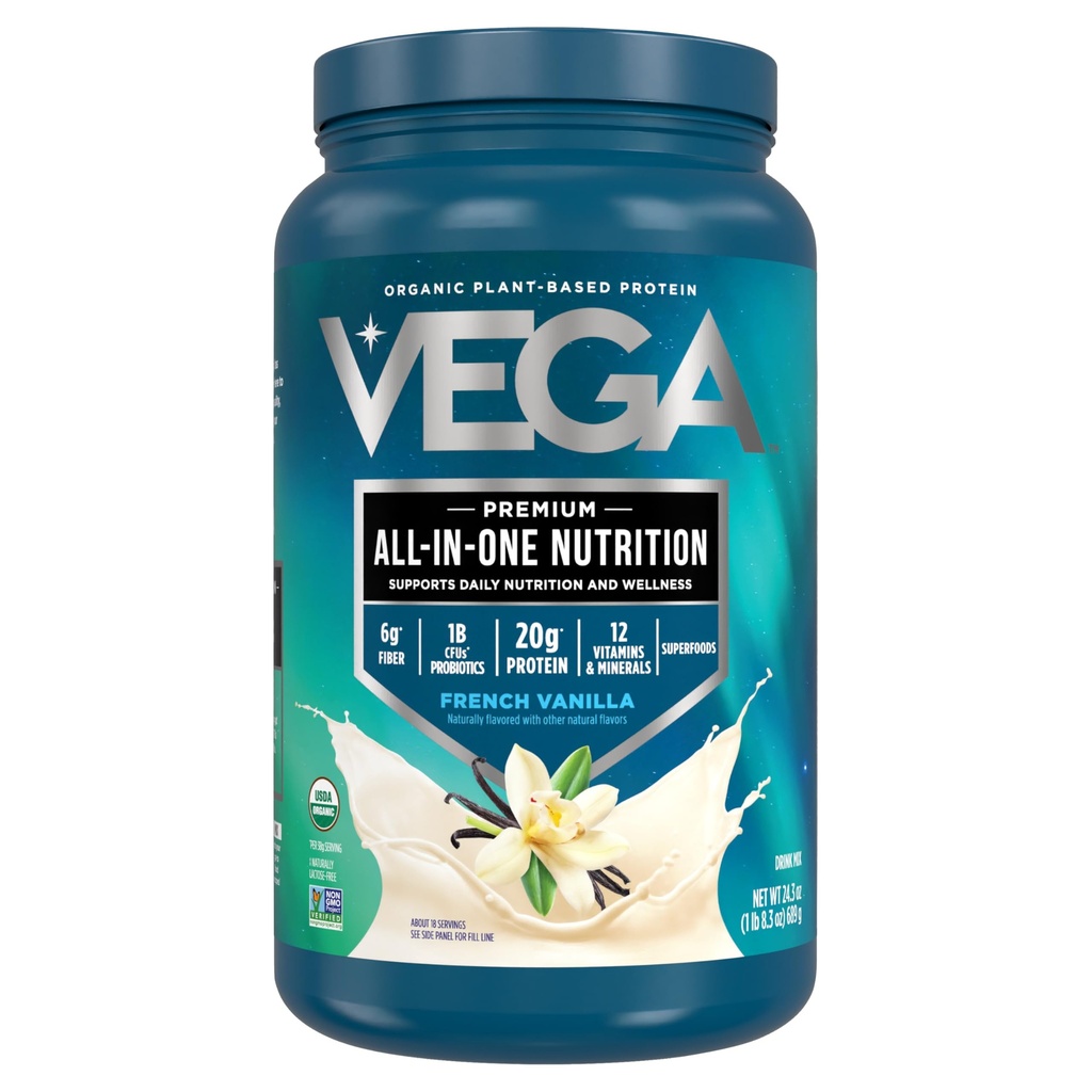 Vega אורגני All-in-One Vegan אבקת חלבון, וניל צרפתית - Superfood Ingredients, ויטמינים לתמיכה בתחמושת, Keto Friendly, Pea חלבונים לנשים וגברים, 1.5lbs (Pack of 1)