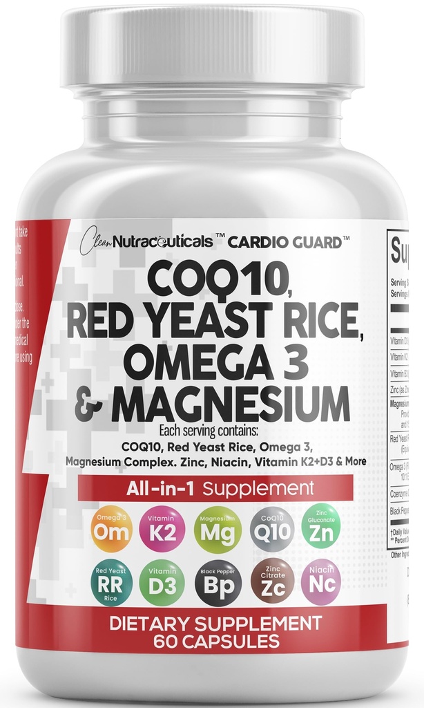 ניקוי Nutraceuticals COQ10 200 מ"ג Red Yeast Rice אומגה 3 Magnesium Complex 500 מ"ג Niacin Zinc ויטמין K2 D3 - ויטמין תמיכה ללב עבור נשים וגברים w/Vitamin B3, Coenzyme Q10-60 Ctin Zinc ויטמין K2 D2 D3 - תמיכה בוויטמינים עבור נשים וגברים W/Vitamin B3, Coenzyme Q10-60 Ct