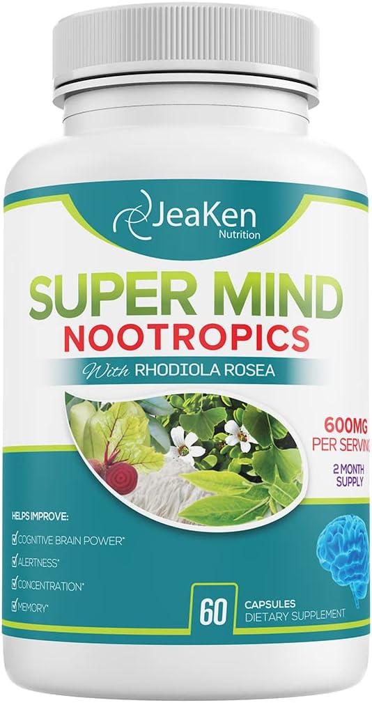 Super Mind - Nootropics Cognitive Enhancer - Brain Boost Supplement with Natural Ingredients - Bacopa Monnieri - Rhodiola Rosea - גינקו בילובה - ויטמין B12-60 המיוצר בארה"ב