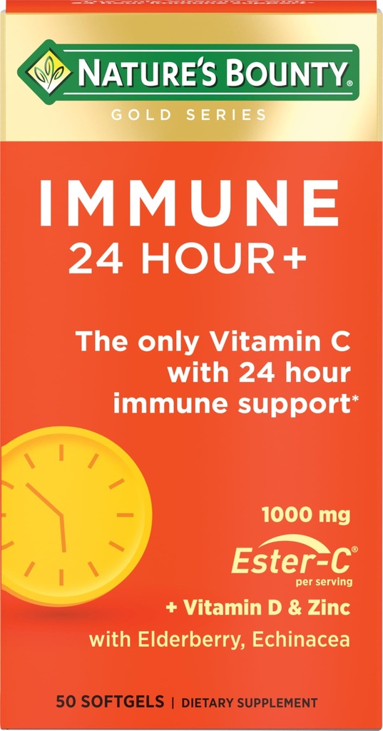 Nature's Bounty Immune 24 Hour +, ויטמין C עם 24 Hour Immune תמיכה מ- Ester-C, 1000 מ"ג ויטמין C, D & Zinc, Gluten Free, Rapid Release Softgels, 2 Softgels ליום, 50 ספירה