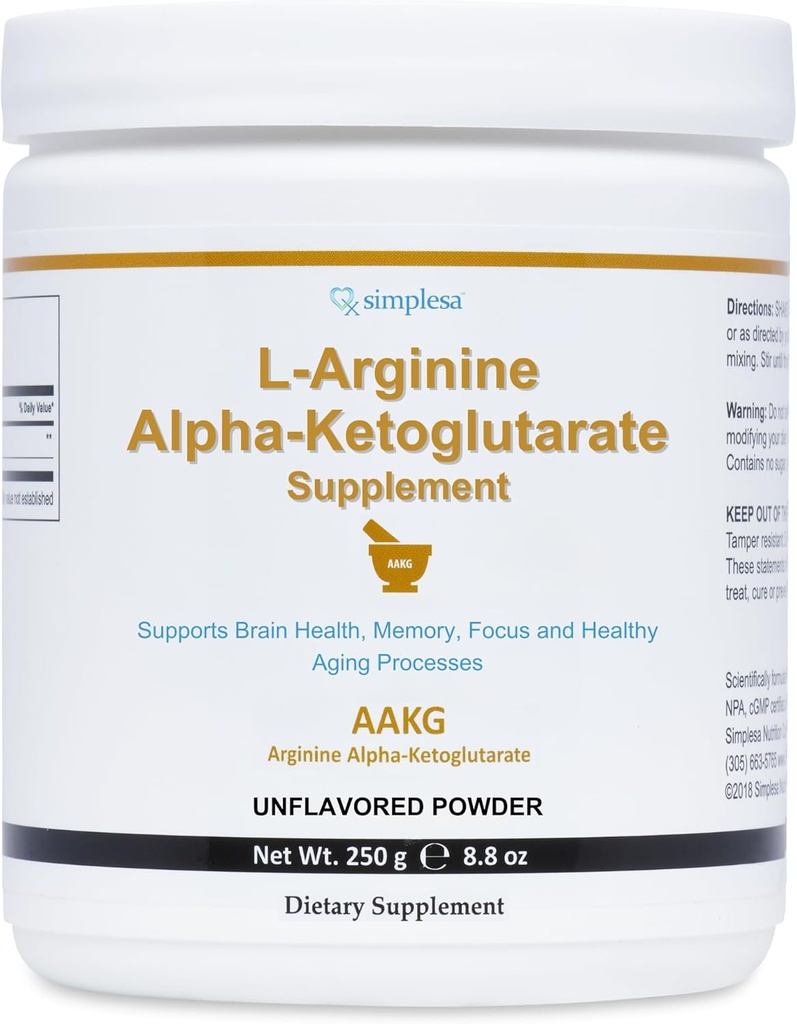 Simplesa AAKG Arginine אבקה, L-Arginine Alpha-Ketoglutarate תוסף, 2000mg Per משרת, תומך בבריאות המוח, זיכרון, מיקוד ותהליכי הזדקנות בריאים, 250g אבקת תוספת תוספת תוספת תוסף תוספי מזון תוספי מזון