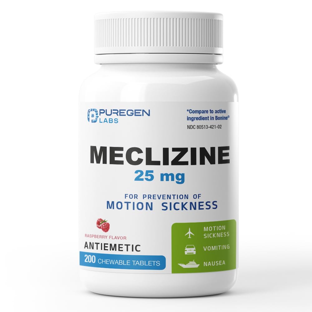 Puregen Labs Meclizine 25 מ"ג Antiemetic 200 טבליות ללעיסה - למנוע Nausea, Vomiting ו Dizziness | חלב חינם | Made in USA | Value Pack - 200 טבליות ללעוס