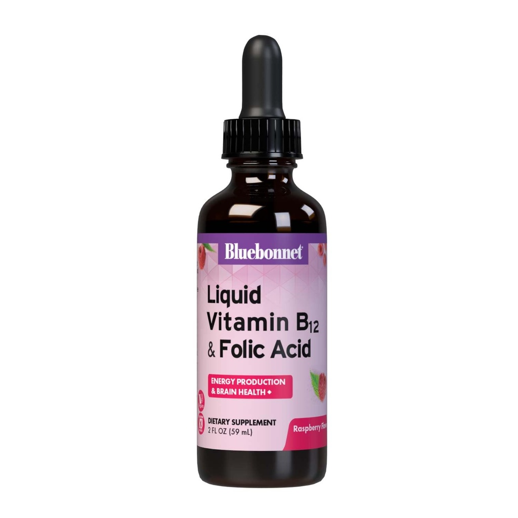 Bluebonnet Nutrition נוזל ויטמין B12 & Folic Acid, עבור אנרגיה Boost *, Soy-Free, Gluten-Free, Milk-Free, טבעוני, 400 mcg של Folic Acid & 1000 mcg של ויטמין B12 Per משרת, 2 oz, 59 משרתים