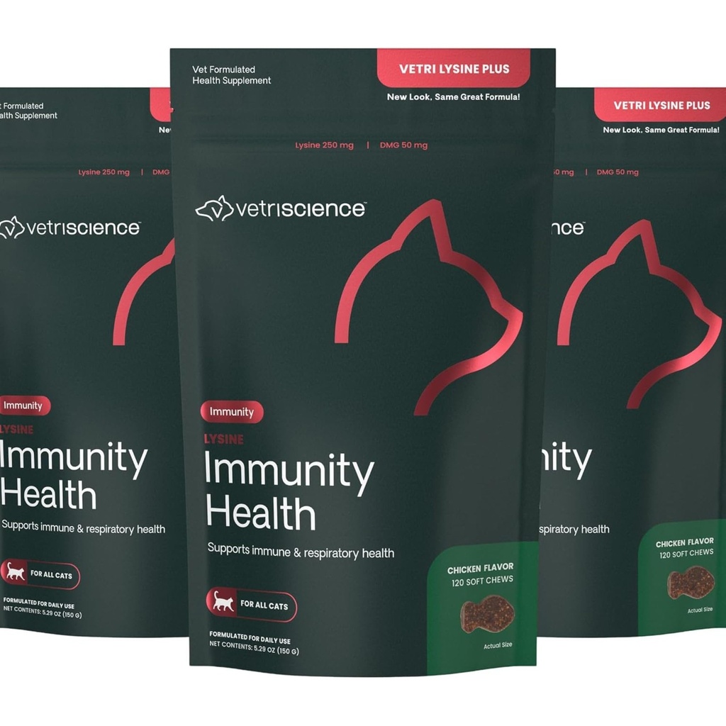 VetriScience Lysine Immunity Health Chews, 250 מ"ג Lysine Plus תוספת מזל לחתולים ו Kittens עם אלרגיות, Sneezing, Runny Nose ועיניים מימיות, עוף, 3 Pack