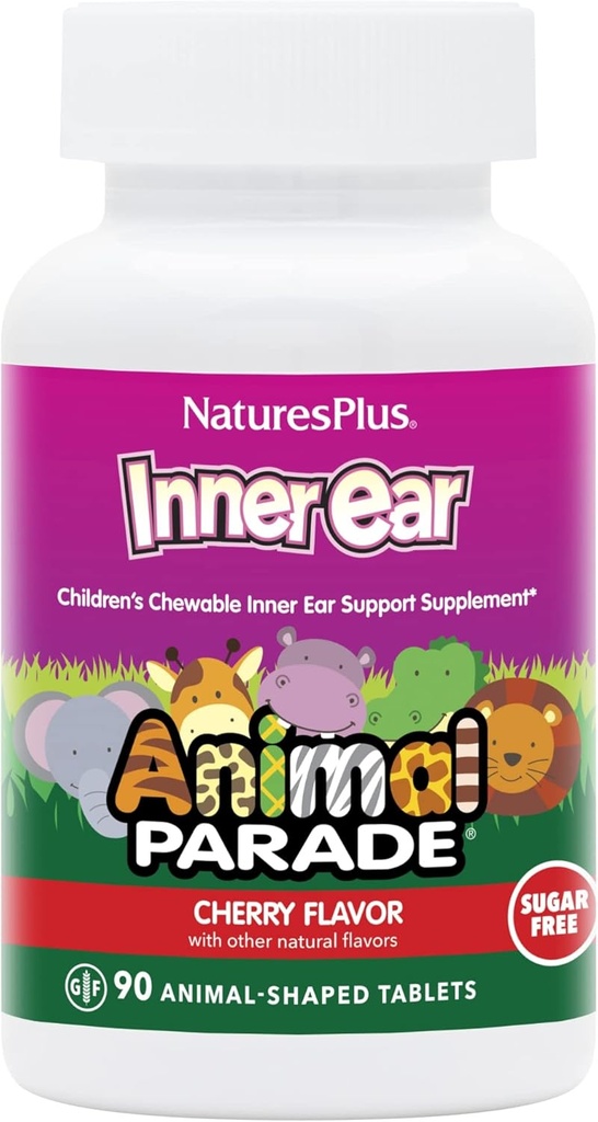 Natures Plus Animal Parade Inner Ear Support Children's Chewable - Natural Cherry Flavor - 90 Animal-Shaped Tablets - Probiotic תוסף - Gluten Free - 45 משרתות