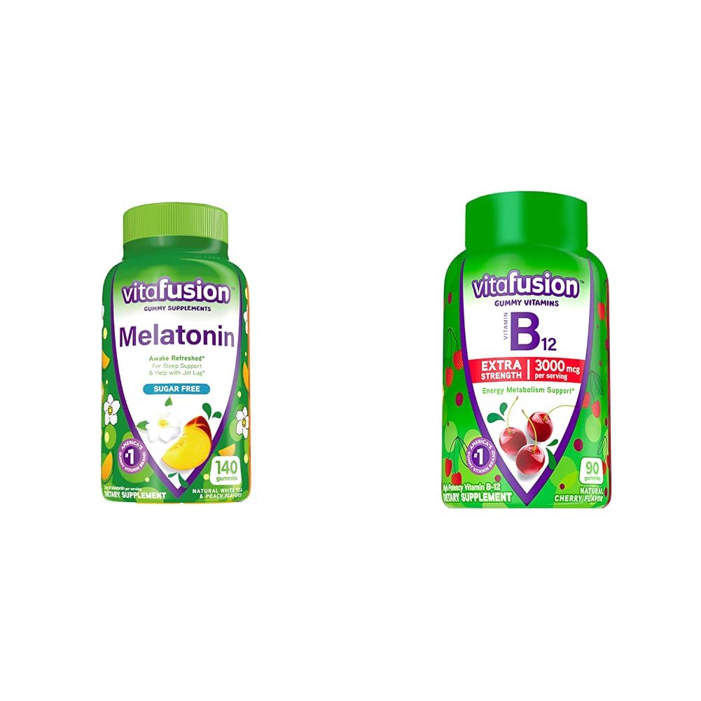 Vitafusion Melatonin 140 Count and ויטמין B12 Gummy ויטמינים, 90 Count Cherry Flavor for Energy Metabolism and Nervous System Support