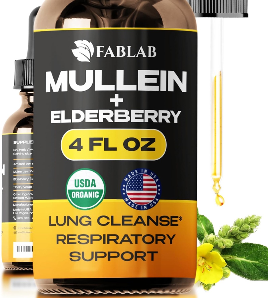 FabLab Mullein Leaf Extract with Elderberry 4 Fl Oz - Made in USA - טיפות עבור Better Lung - מוללין Tincture עבור Lung Detox - ניקוי ברונצ'יאלי עבור מעשנים - תוספת הנשימה של צמחי מרפא