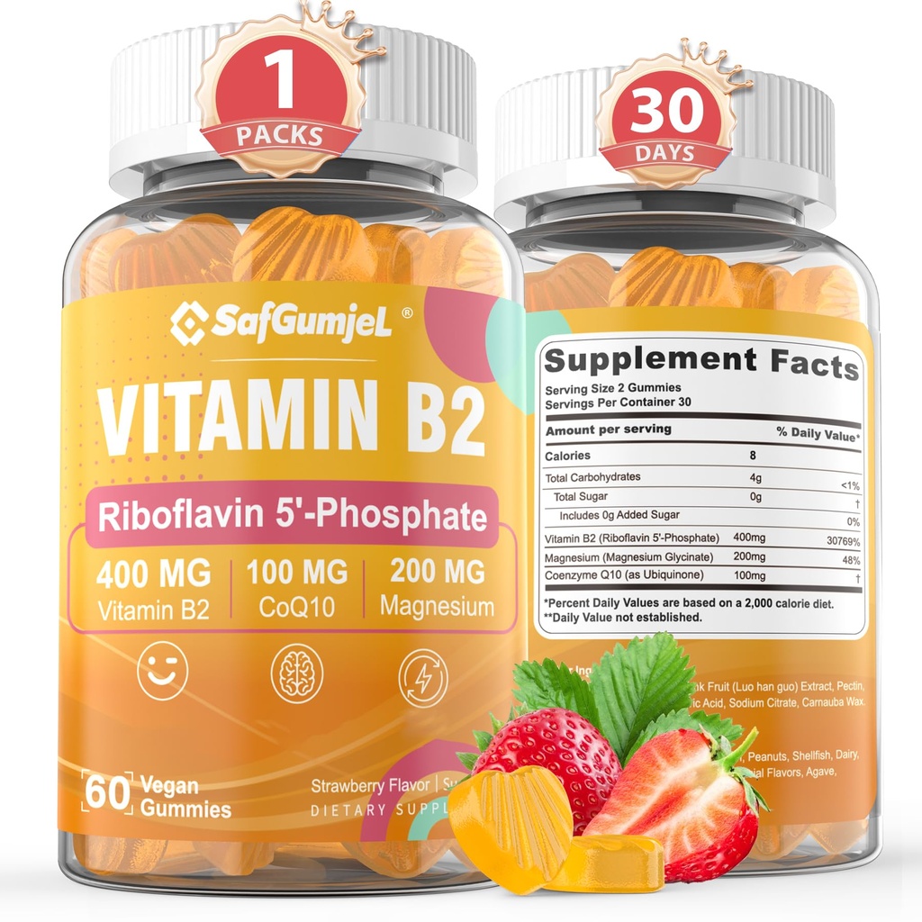 ויטמין B2 חניכיים | Riboflavin 400 מ"ג עם Magnesium & CoQ10 עבור Migraine Relief & Headache הקלה | סוכר חינם, טבעוני, Strawberry Flavor, 60 Count Count Count