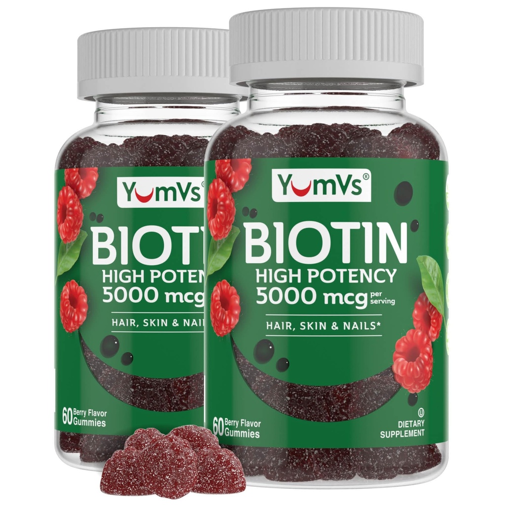 YumVs biotin Gummies 5000mcg - Luscious Raspberry Flavor - Thicker Faster שיער חניכיים עבור נשים או גברים - שיער, Skin & Nails ויטמינים - שיער חניכיים - תוסף ביוטין צמחוני (60 Ct, 2pk)