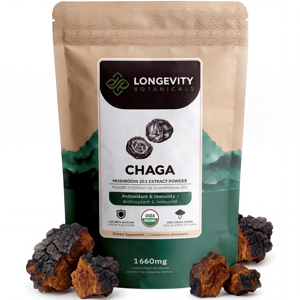 Longevity הבוטנים אורגני Chaga Mushroom אבקת לחלץ 100g | ריכוז 10:1 Ratio | 100% פירות גופים | Inous Obliquus Natural Supplement for Immune Function, Antioxidants & Vitality