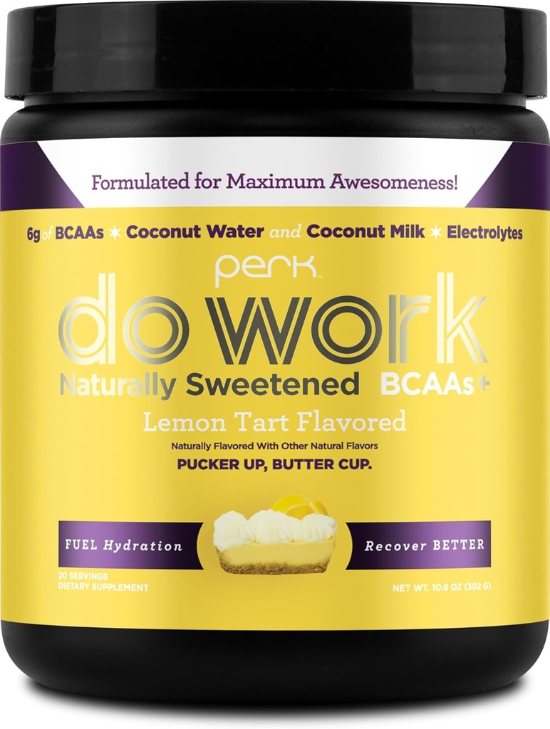Perk Do Work BCAAs + hydrotion אלקטרוליט אבקת (Naturally Sweetened Lemon Tart Flavored, 20 משרתים) - עם חלב קוקוס מים וקוקוס