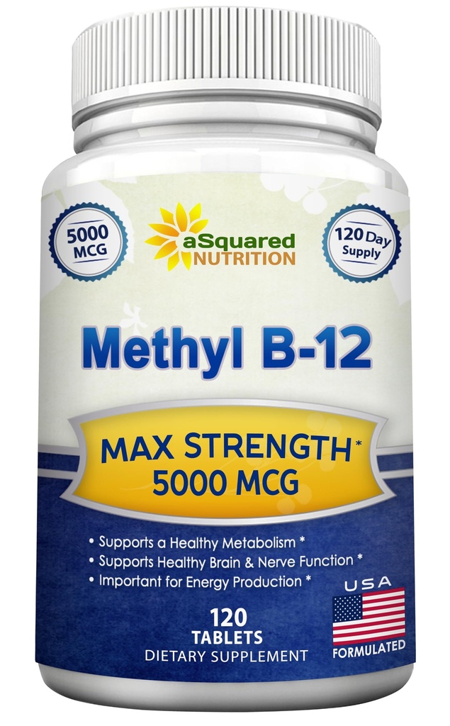 ויטמין B12-5000 MCG תוסף עם Methylclcobalamin (Methyl B-12) - מקס מחזק ויטמין B 12 תמיכה כדי לעזור לשפר את האנרגיה הטבעית, להועיל המוח והלב תפקוד - 120 טבליות