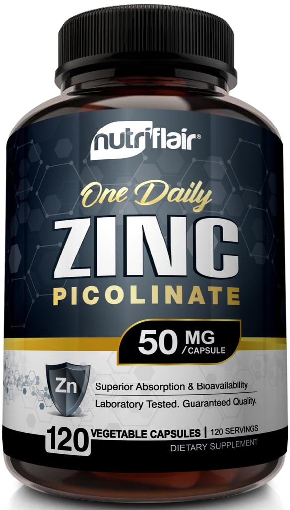 NutriFlair Zinc Picolinate 50 מ"ג, 120 קפסולות - מקסימום Absorption Zinc גלולות - Immune System Booster, Immunity Defense, Powerful non-GMO Antioxidant - בהשוואה ל gluconate, Citrate, Oxide
