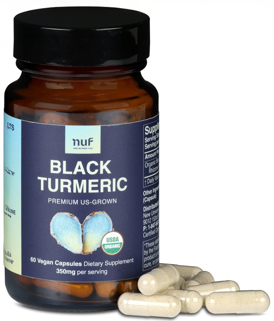 NUF- Organic Black Turmeric 350 מ"ג כל הקפסולות טבעוניות שורש שלמות - ארה"ב Grown- Gluten Free - Non GMO- Joint Support - בריאות Inflammatory תגובה - תפקוד החיסון תקין