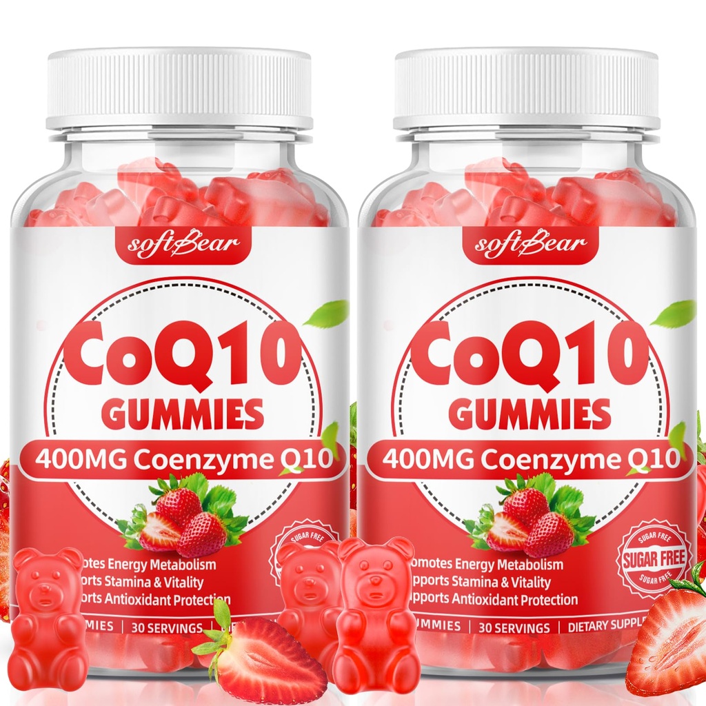 Softbear CoQ10 Gummies 400mg Coenzyme Q10 תוספת למבוגרים, גבוה Absorption coq10 פלוס אומגה 3, Magnesium, B3 & Zinc for Energy and Antioxidant, Strawberry Flavor 120 ספירה