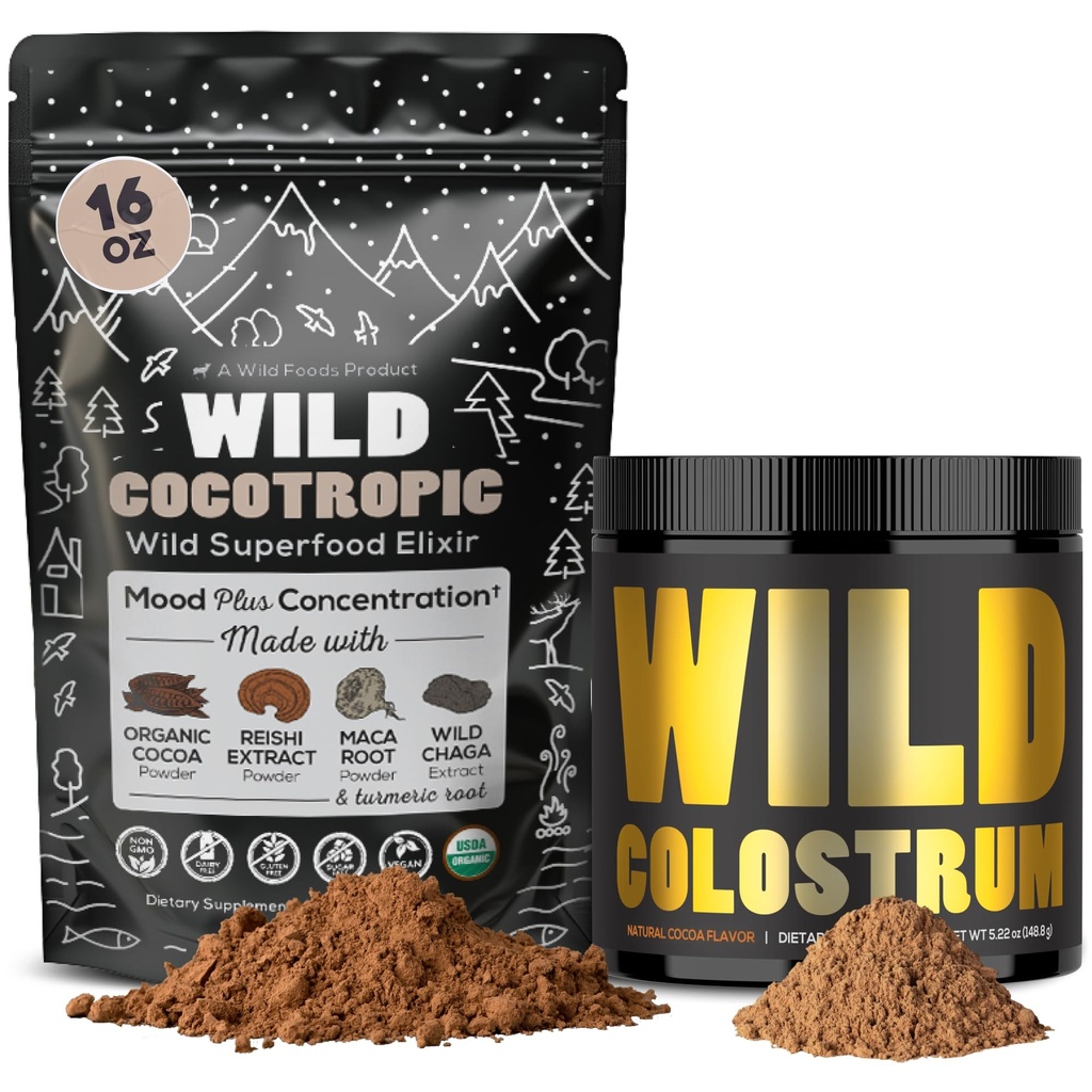 Cocotropic אורגני Mushroom Cacao Mix (16oz) & Colostrum אבקת (5.22oz) Bundle for Gut Health and Energy
