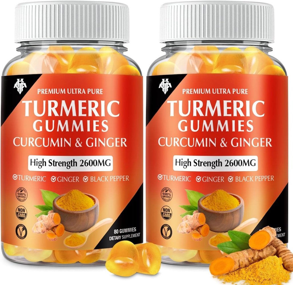 Turmeric Curcumin Gummies עם ג'ינג'ר & Black Pepper טבעוני Pectin פורמולה עבור Immune Boost, עור בריא ותמיכה משותפת תוספת זמינה למבוגרים ולמתבגרים (2-Pack)