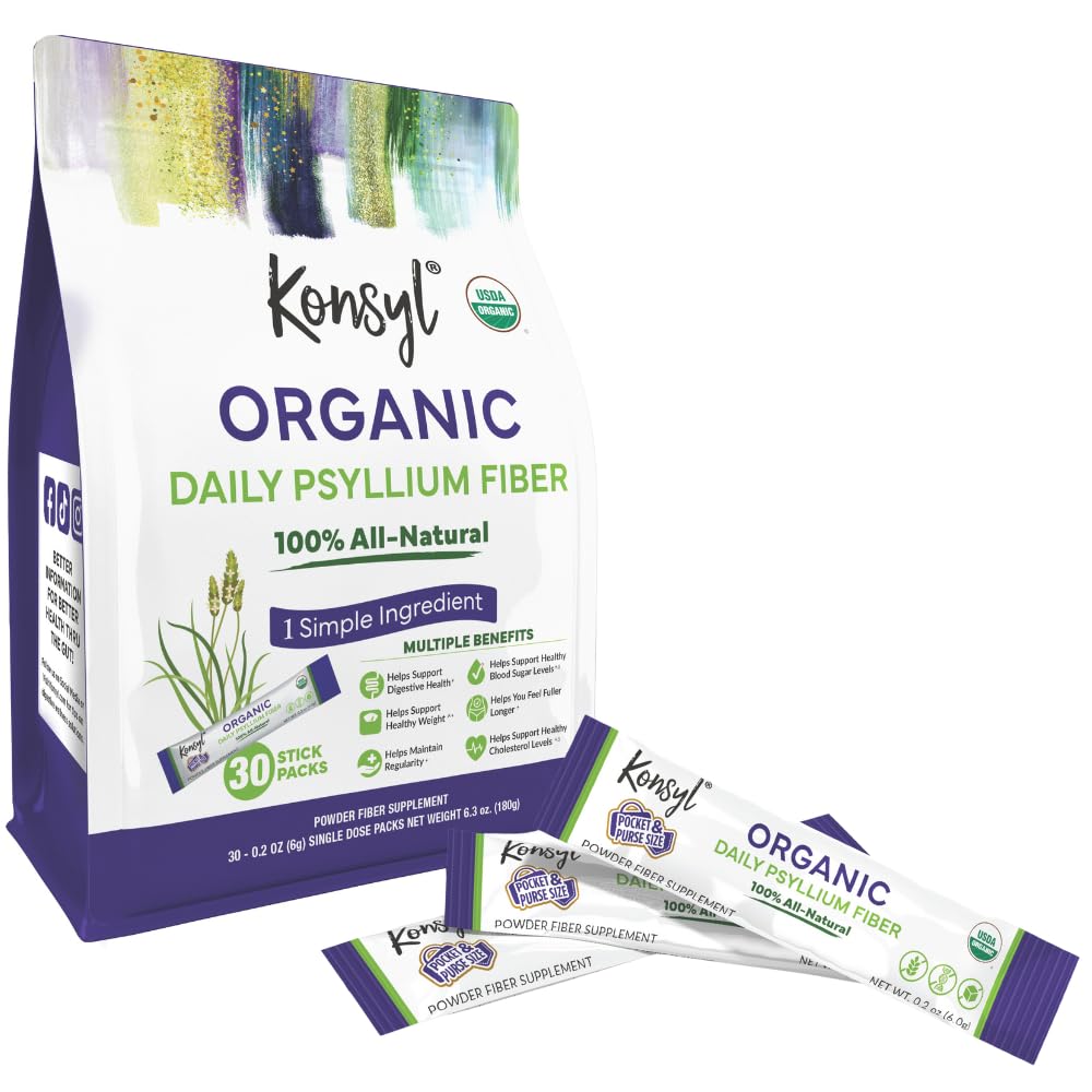 Konsyl אורגני Daily Psyllium סיבים Packs - On-The-Go סיבים אבקת - Convenient, All-Natural Soluble סיבים, Gluten-Free & Sugar-Free, טבעוני & Keto - 30 Packets