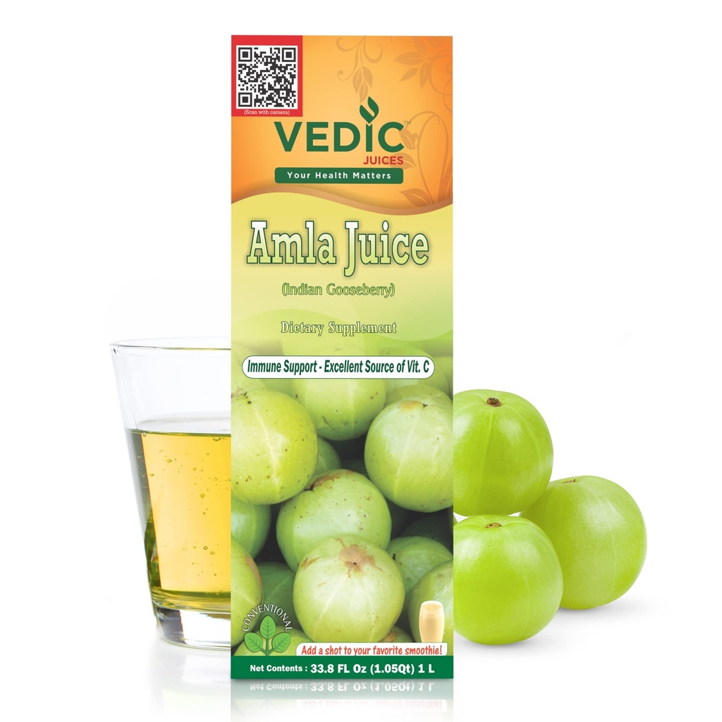 Vedic Juices Amla Juice, Indian Gooseberry Supplement withוויטמין C for Gut Health, and Hair growth, Herbal Drink - 1 Liter