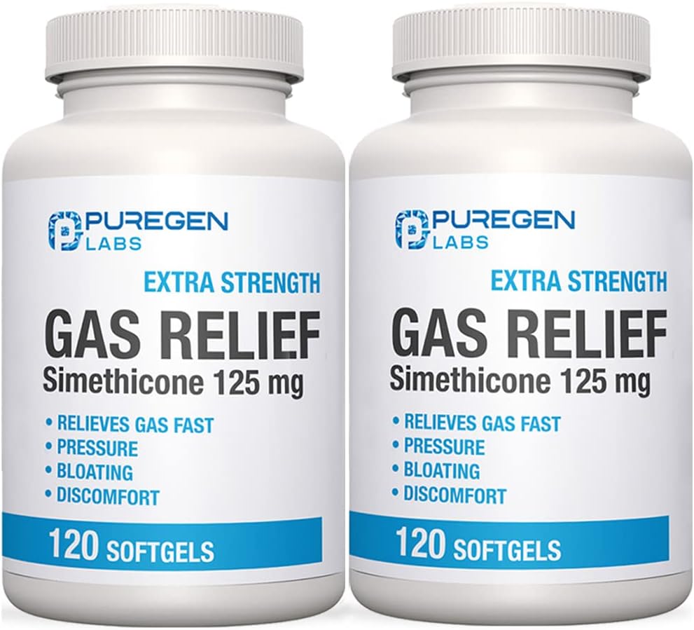 P Puregen Labs תוספת גז הקלה Softgels עם Simethicone 125 מ"ג | Fast Relieve of Stress, Bloating and Painful Discomfort - 2 Pack | Total 240 Softgels