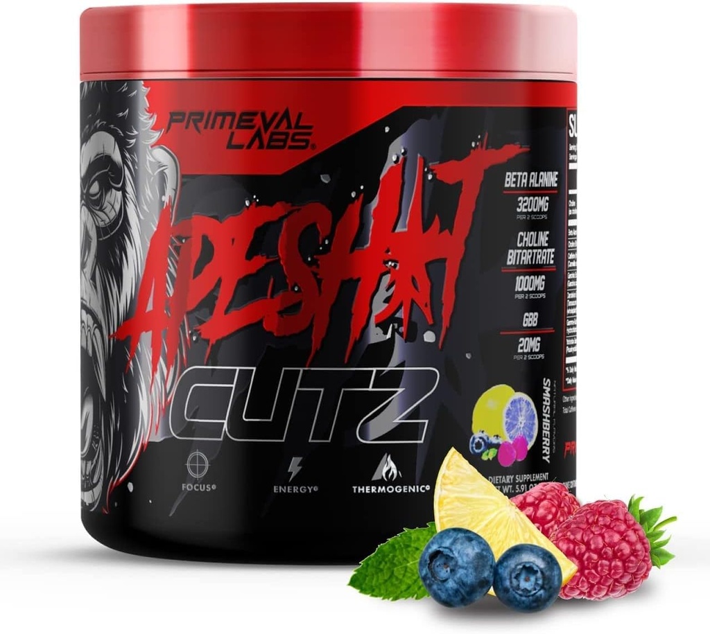 Primeval Labs Ape Cutz Pre Workout אבקה | פורמולה מדעית | ביצועים מוגברים עם Beta Alanine | Post Workout Drink & Energy Booster 50 משרתי Smashberryberry