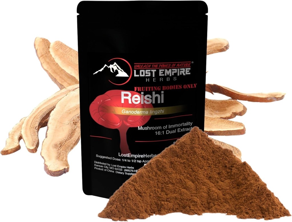 האימפריה האבודה Herbs Reishi (Ganoderma Lucidum) אבקת Mushroom | אורגני 16:1 תמצית כפולה של Real Mushrooms Not Mycelium | for Immune Support (15 גרמות)