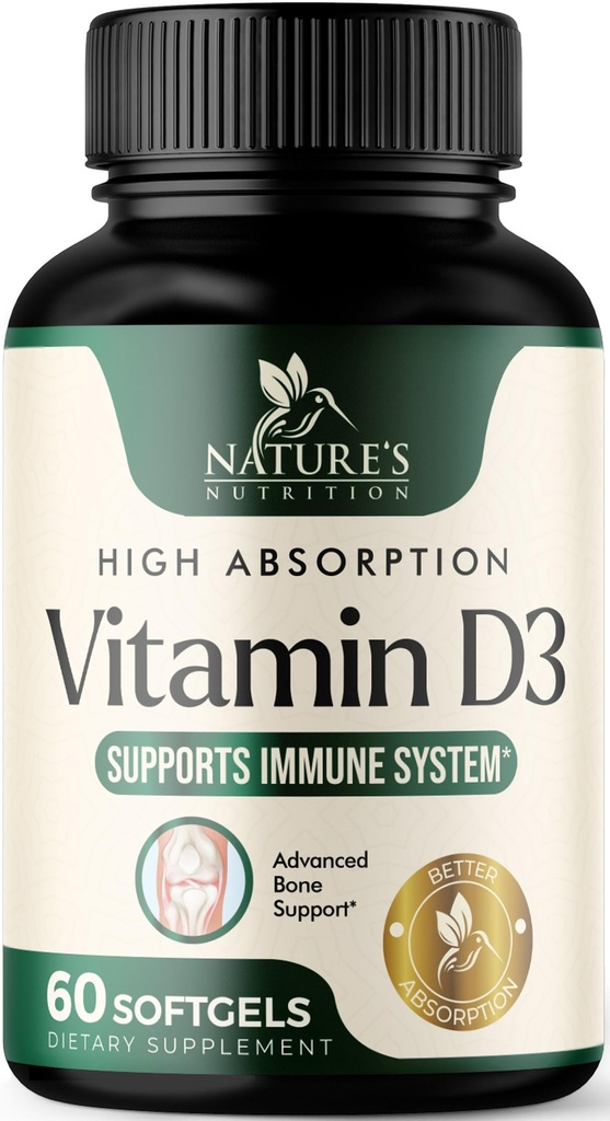 ויטמין D3 תוסף 5000IU (125 mcg) - תוספת חיזוק ויטמינים D-3 Dietary Softgels עבור העצם, שיניים, בריאות שרירים ותמיכה בחיסון, Rapid Absorbtion Mini D Softgel, non-GMO, Gluten Free - 60 Count Count הרוזן