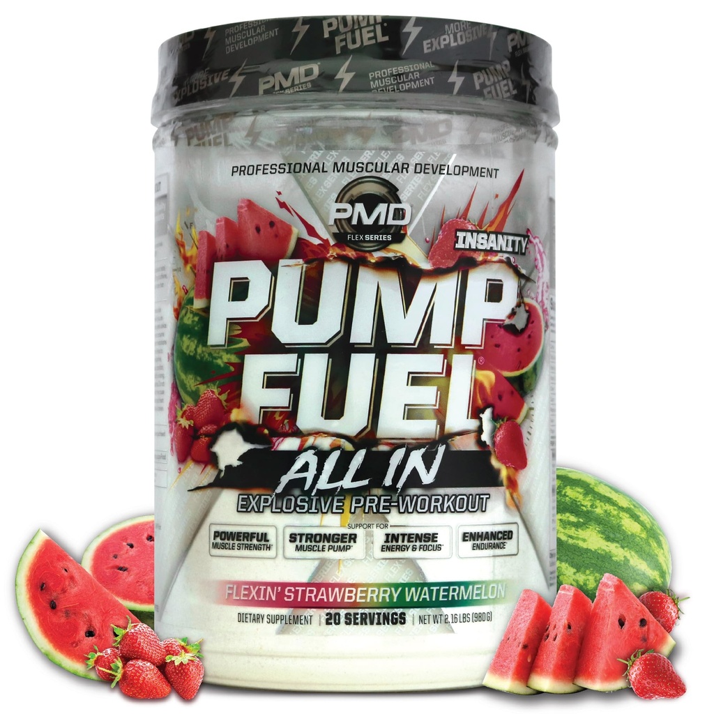 PMD ספורט משאבת דלק כל insanity, Ultimate Pre Workout & שריר משאבה, אנרגיה כוח מקסימלית, Focus, Endurance & Recovery, Creatine & Betaine, Flexin' Strawberry Watermelon (20 משרתים)
