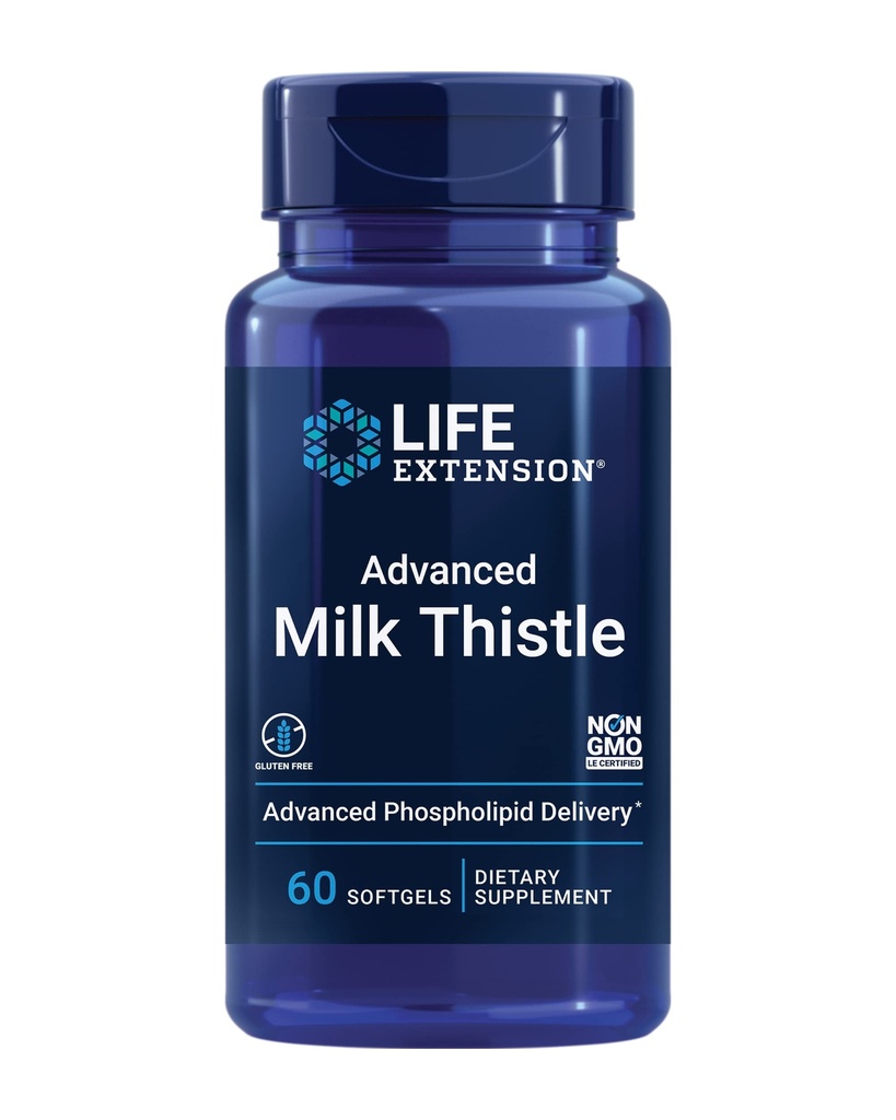 Life Extension Advanced Milk Thistle, silymarin, silybin, phospholipids, Promotes Healthy Liver Function, Gluten-Free, Non-GMO, 60 softgels